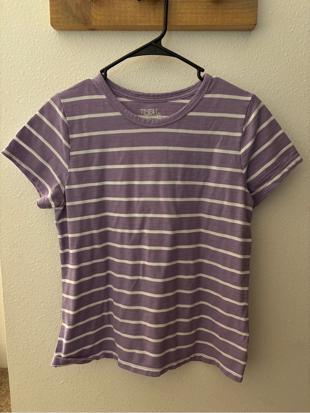 Time and Tru Lavender and White Striped Crewneck Tee